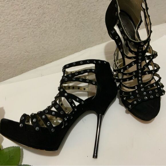 Micheal kors black suede rhinestone studded platforms heels size 7.5 - Picture 6 of 13